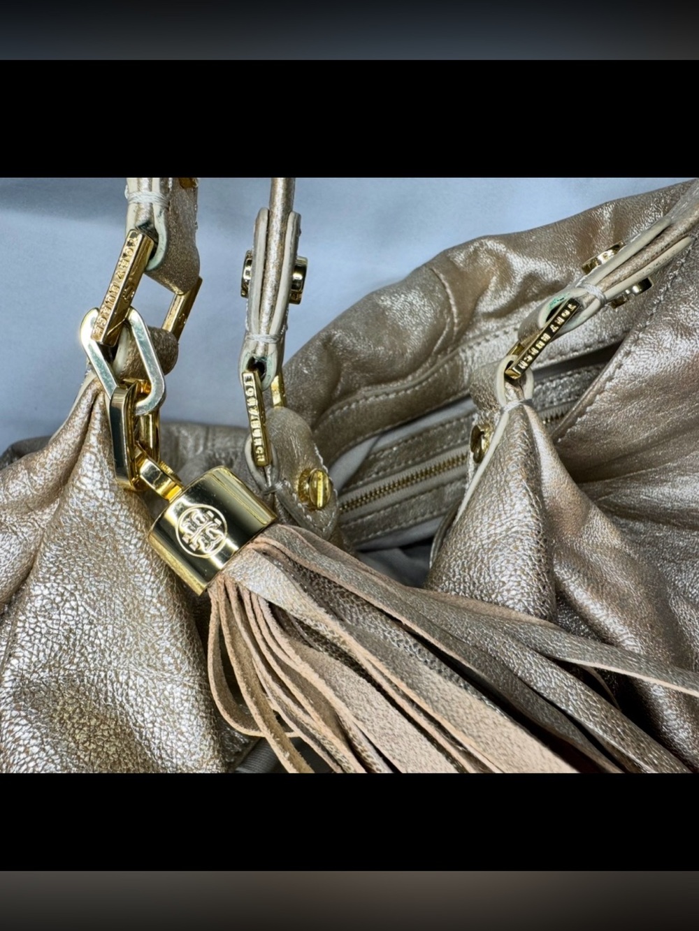 Tory Burch Metallic Gold Leather Shoulder Dean Hobo with Tassel - Picture 7 of 12